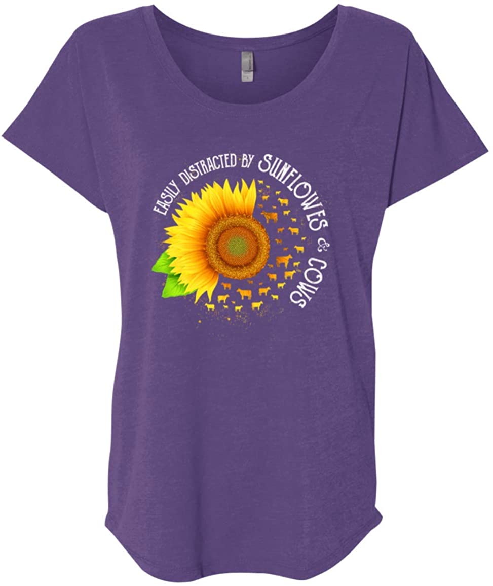Sunflowers Cows Ladies T-Shirt, Ladies Triblend Dolman Sleeve, Purple Rush Sunflowers Cows Ladies T-Shirt, Ladies Triblend Dolman Sleeve, Purple Rush