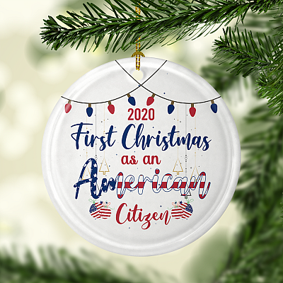 Alternative view of Personalized First Christmas As An American Citizen Ornament Keepsake -Holiday Flat Circle Porcelain Ceramic