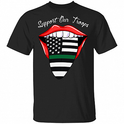 Red Lips Military Flag Green Line Tongue Out Support Troops T-Shirt