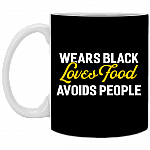 Wears Black Loves Food Avoids People Ceramic Coffee Mug - Beer Stein - Water Bottle - Color Changing Mug