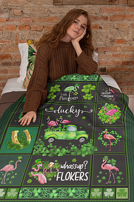 Alternative view of Lucky Flamingo Shamrock Green Truck Fleece Blanket - Premium Sherpa Blanket - Woven Blanket