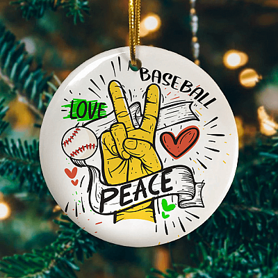 Alternative view of Peace Love Baseball Ornament Keepsake - Baseball Lover Circle Porcelain Ceramic Ornament