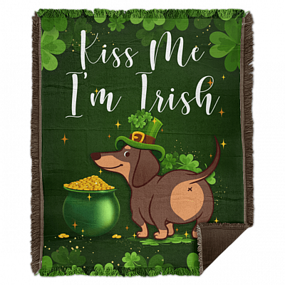 Funny St Patrick's Day Dachshund Blanket - Kiss Me I'm Irish My Dachshund Lucky Charm Shamrocks Blanket