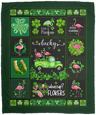 Lucky Flamingo Shamrock Green Truck Fleece Blanket - Premium Sherpa Blanket - Woven Blanket