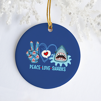 Alternative view of Peace Love Sharks Ornament Keepsake - Circle Porcelain Ceramic Ornament