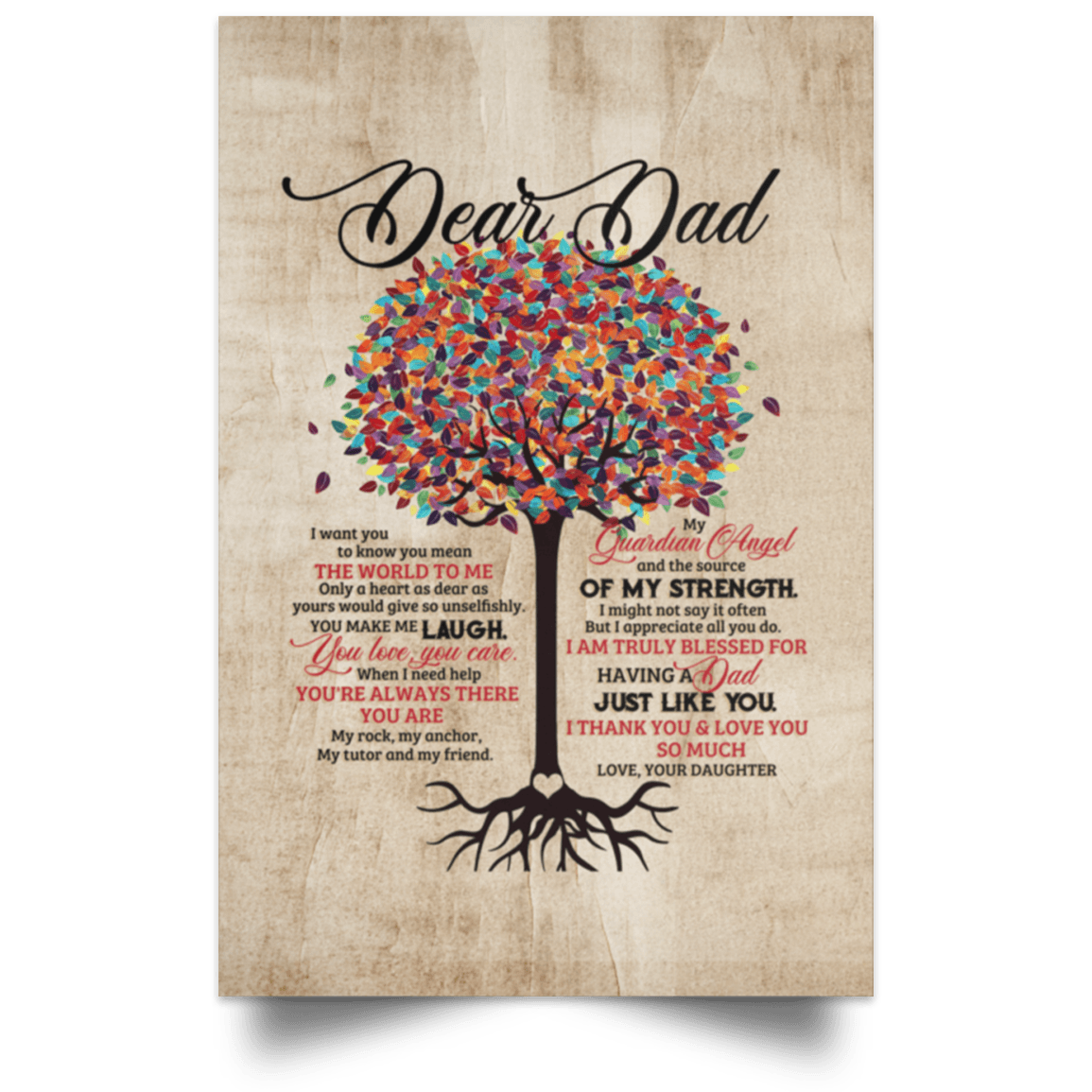 CubeBik Dear Dad I Want You to Know You Mean the World to Me Color Tree Framed Canvas Prints - Unframed Poster