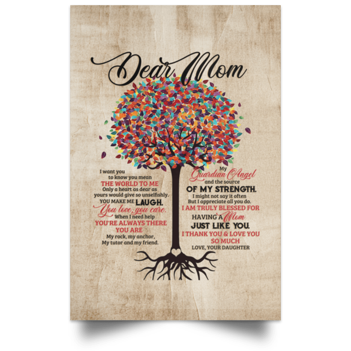 CubeBik Dear Mom I Want You to Know You Mean the World to Me Color Tree Framed Canvas Prints - Unframed Poster