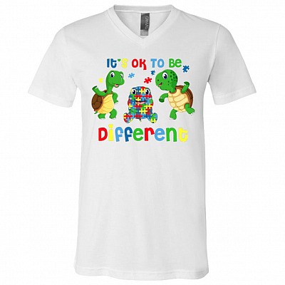 It's OK To Be Different Cute Turtle Autism T-Shirt - V-Neck Tee, White, V-Neck T-Shirt