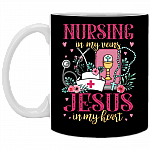 Nursing In My Veins Jesus In My Heart Coffee Mug - Beer Stein - Water Bottle - Cute Nurse Gift Mug, Black, 11 oz. White Mug