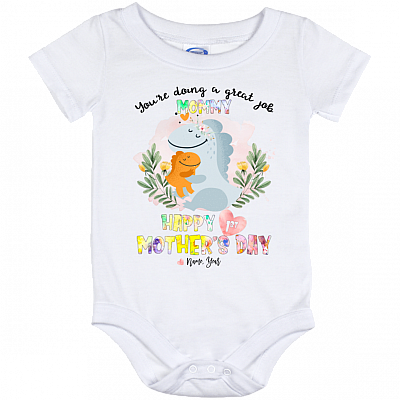 Happy 1st Mother's Day Dinosaur Custom Personalized Baby Onesie - Baby Infant Bodysuit, White, Baby Onesie - 12 Month