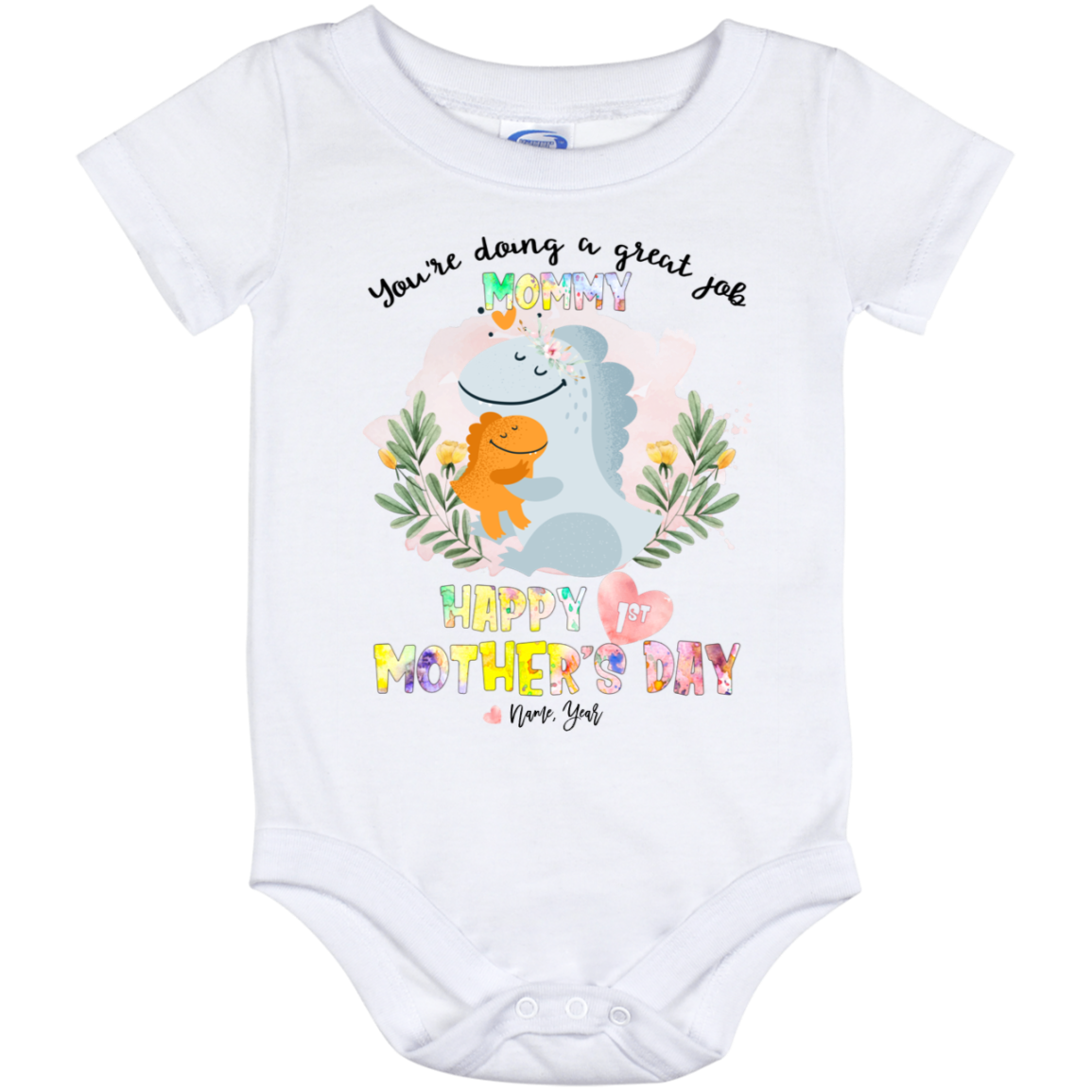 Happy 1st Mother's Day Dinosaur Custom Personalized Baby Onesie - Baby Infant Bodysuit, White, Baby Onesie - 12 Month