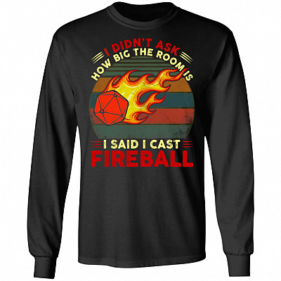 I Don't Ask How Big the Room Is I Said I Cast Fireball Funny Game Vintage Hoodie - Sweatshirt - Long Sleeve, Black, Long Sleeve