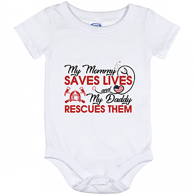 My Mom Saves Lives and My Dad Rescues Them Baby Onesie - Baby Infant Bodysuit, White, Baby Onesie - 12 Month
