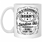 Old Fashioned Baskin's Sardine Old Premium Quality Works Every Time Coffee Mug-Beer Stein-Water Bottle, White, 11 oz. White Mug