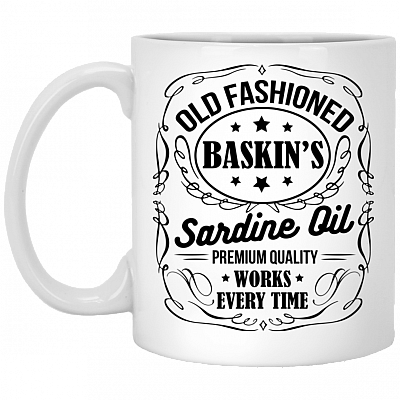 Old Fashioned Baskin's Sardine Old Premium Quality Works Every Time Coffee Mug-Beer Stein-Water Bottle, White, 11 oz. White Mug