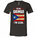 Relax Gringo I'm Legal Funny Spanish Immigrants T-Shirt - Puerto Rico Flag V-Neck Shirt, Dark Grey Heather, V-Neck T-Shirt