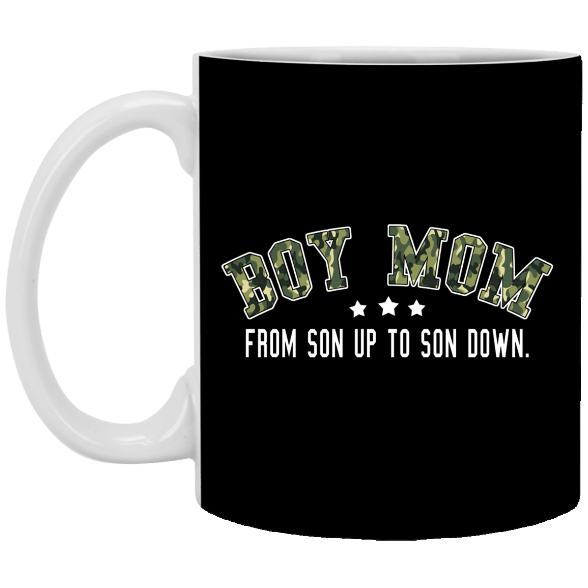 Boy Mom from Son Up to Son Down Ceramic Coffee Mug - Beer Stein - Water Bottle, Black, 11 oz. White Mug