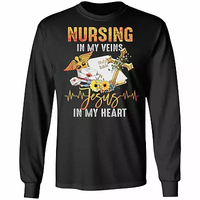 Nursing In My Veins Jesus In My Heart Christian Jesus Nurse Hoodie - Sweatshirt - Long Sleeve, Black, Long Sleeve