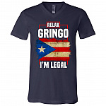 Relax Gringo I'm Legal Funny Spanish Immigrants T-Shirt - Puerto Rico Flag V-Neck Shirt, Navy, V-Neck T-Shirt