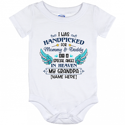 Personalized Name I Was Handpicked By A Special Angel My Grandpa Cute Baby Onesie - Baby Infant Bodysuit, White, Baby Onesie - 12 Month