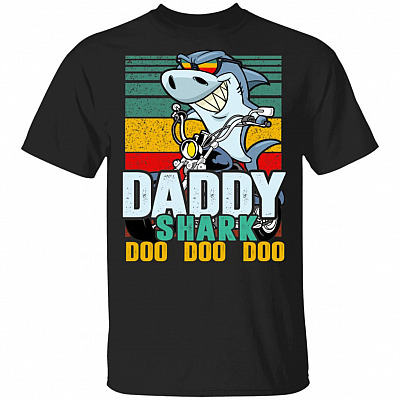 Daddy Shark Driving Motorbike Doo Doo T-Shirt - Vintage Biker Father Shirt, Black, Unisex T-Shirt