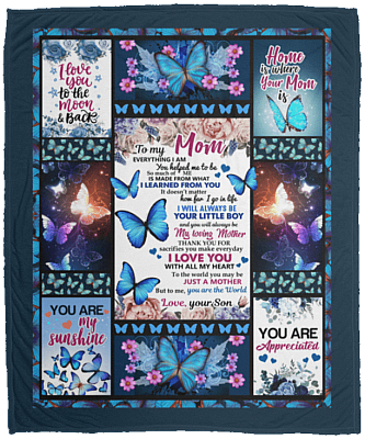 From Son to My Mom Everything I Am You Helped Me to Be - Butterfly Fleece Blanket - Premium Sherpa Blanket, White, Cozy Plush Fleece Blanket - 50x60
