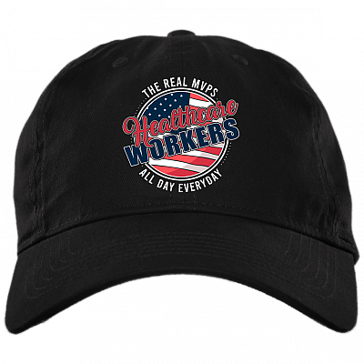 Healthcare Workers The Real MVPs Twill Cap - Nurse Appreciation Gifts High Profile Snapback Hat - Trucker Hat, Black, Brushed Twill Dad Cap