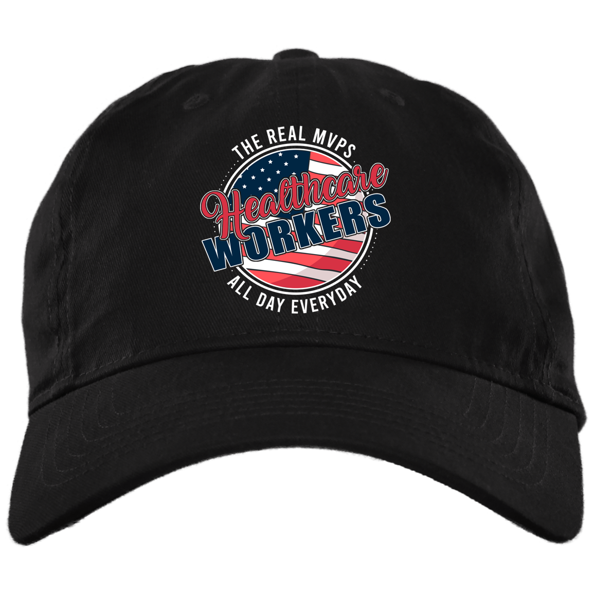 Healthcare Workers The Real MVPs Twill Cap - Nurse Appreciation Gifts High Profile Snapback Hat - Trucker Hat, Black, Brushed Twill Dad Cap