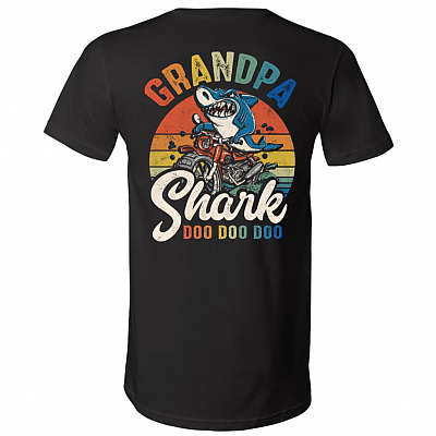 Grandpa Shark Doo Doo Doo Vintage Retro Motor Print On Back T-Shirt - V-Neck Shirt, Black, V-Neck T-Shirt