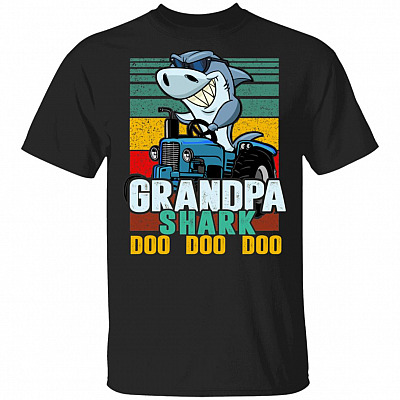 Grandpa Shark Driving Tractor Doo Doo T-Shirt - Vintage Tractor Grandpa Shirt