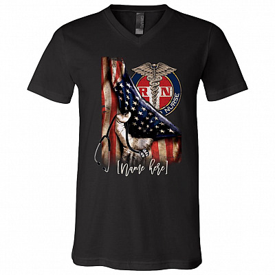 Personalized Name RN Registered Nurse American Flag T-Shirt - V-Neck Tee