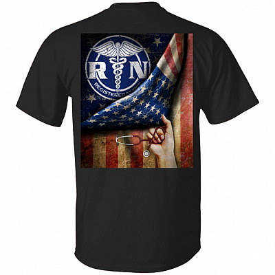Registered Nurse American Flag Print On Back Only - Plain Front T-Shirt - RN Shirt
