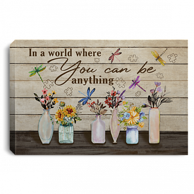 In A World Where You Can Be Anything Be Kind Floral Dragonfly Canvas Poster - Choose Kindness Wall Art Decor, White, 0.75'' Framed Canvas