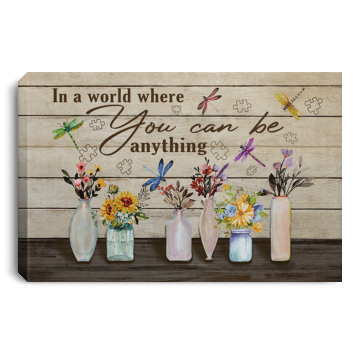 In A World Where You Can Be Anything Be Kind Floral Dragonfly Canvas Poster - Choose Kindness Wall Art Decor, White, 0.75'' Framed Canvas