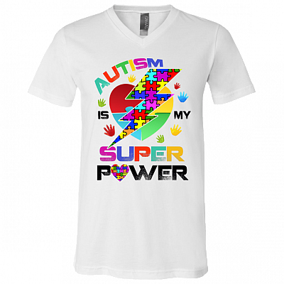 Autism Is My Super Power T-shirt - V-Neck Tee - Youth Tee, White, V-Neck T-Shirt