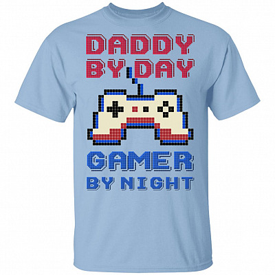 Daddy by Day Gamer by Night Funny Father 8-Bit Vintage Bright T-Shirt, Light Blue, Unisex T-Shirt