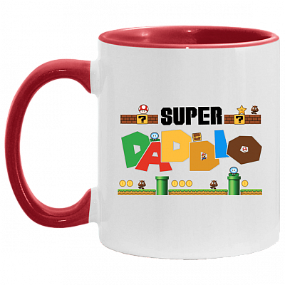 Father's Day Gift Super Daddio Accent Mug - Funny Gaming Dad Coffee Mug, White/Red, 11 oz. Accent Mug