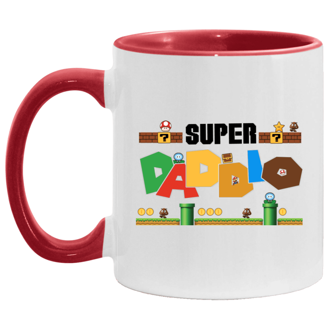 Father's Day Gift Super Daddio Accent Mug - Funny Gaming Dad Coffee Mug, White/Red, 11 oz. Accent Mug