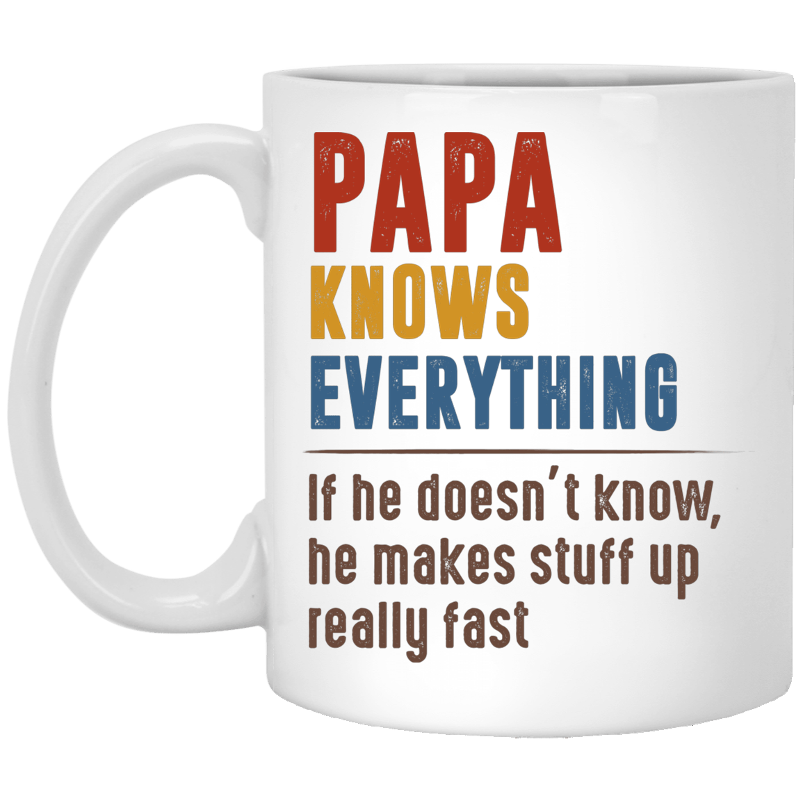 Papa Knows Everything Vintage If He Doesn't Know He Makes Stuff Up Coffee Mug - Happy Father's Day Travel Mug - Water Bottle, White, 11 oz. White Mug