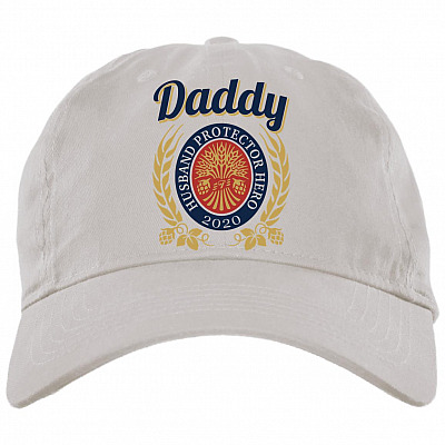 Daddy Husband Protector Hero Twill Cap – High-Profile Snapback – Funny Father's Day Drunk Beer Loving Dad Hat, White, Brushed Twill Dad Cap