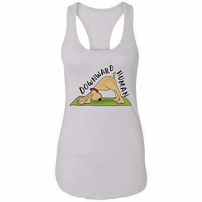 Downward Human Dog Yoga Poses Cotton Tank Top Tee - Ladies Racerback Tank for Women, White, Ladies Racerback Tank