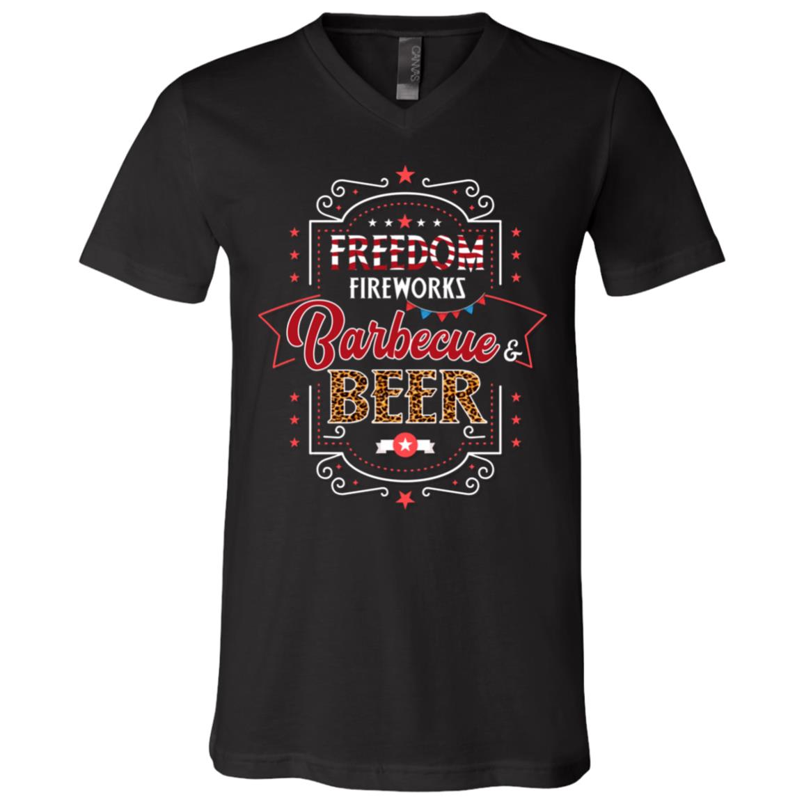 Freedom Fireworks Barbeque and Beer Fourth Of July T-Shirt - V-Neck, Black, V-Neck T-Shirt