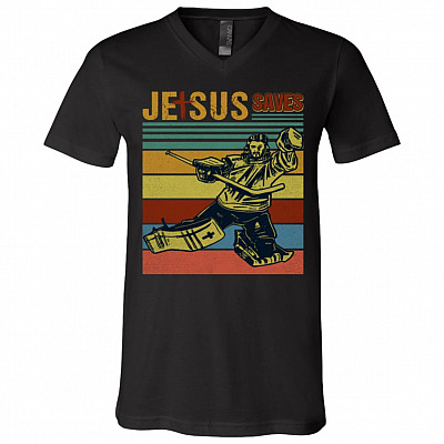 Jesus Saves Hockey Funny Hockey Lovers Gift Dark T-Shirt - V-Neck Shirt, Black, V-Neck T-Shirt