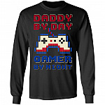 Daddy By Day Gamer By Night Funny Father 8-Bit Vintage Hoodie - Sweatshirt - Long Sleeve Shirt, Black, Long Sleeve