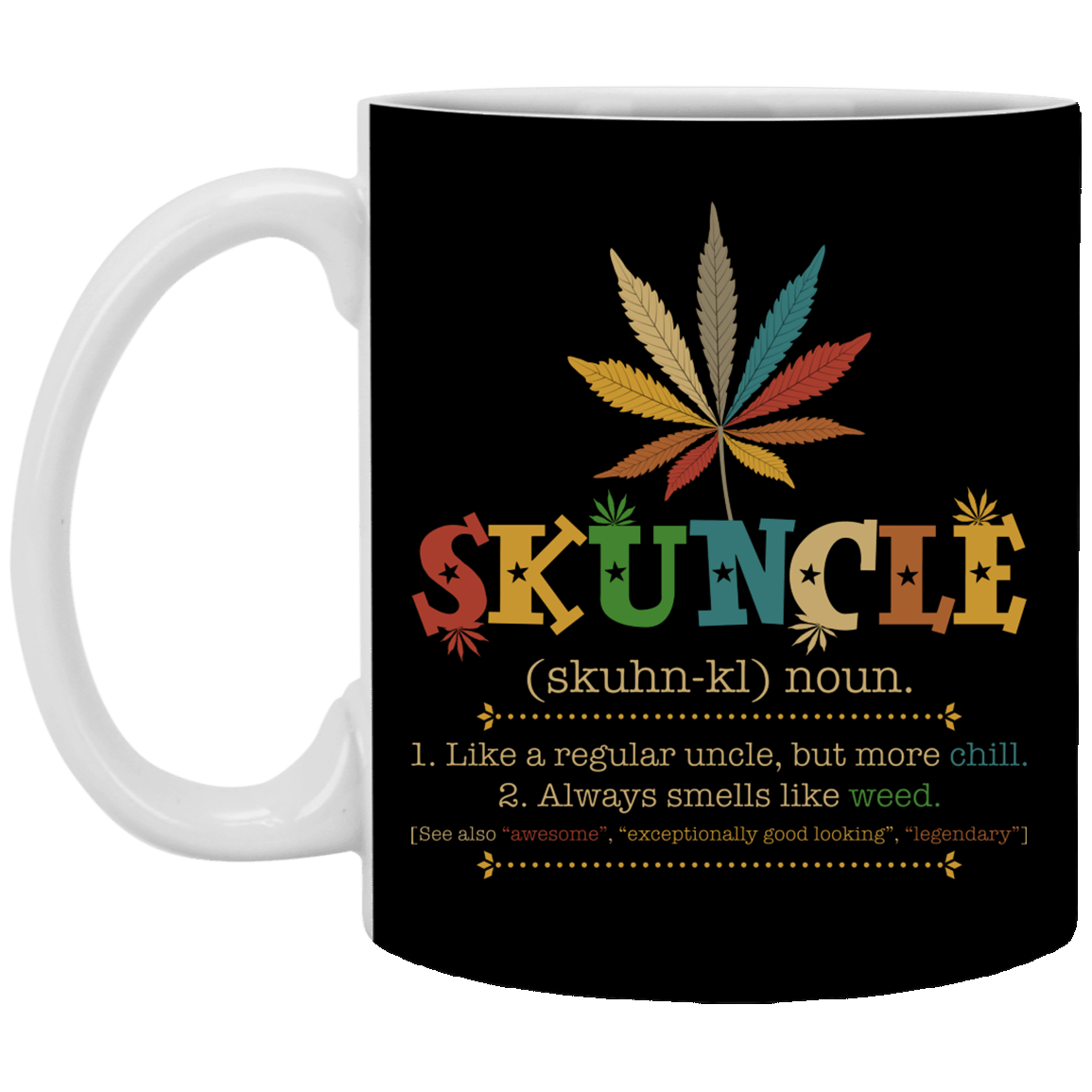 Skuncle Definition Like a Regular Uncle but More Chill-Smells Like Weed Vintage Coffee Mug-Beer Stein-Water Bottle, Black, 11 oz. White Mug