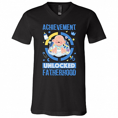 Achievement Unlocked Fatherhood Gift For New Dad T-Shirt - V Neck, Black, V-Neck T-Shirt