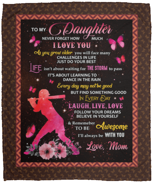Softball To My Daughter Never Forger How Much I Love You From Mom Fleece Blanket - Premium Sherpa Blanket, White, Cozy Plush Fleece Blanket - 50x60