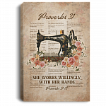 She Works Willingly With Her Hands Vintage Sewing Machine Proverbs 31:13 Framed Canvas Prints – Unframed Poster, White, 0.75'' Framed Canvas