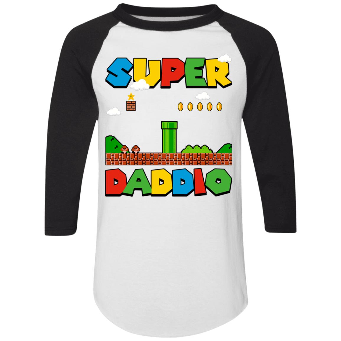 Super Daddio Fathers Day 3/4 Raglan Jersey Shirt - Baseball Tee, White/Black, Raglan Jersey