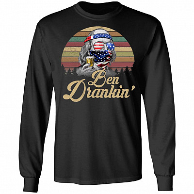 Funny Benjamin Drankin' Franklin Quarantined 2020 4th of July American Flag Vintage Hoodie Sweatshirt Shirt, Black, Long Sleeve